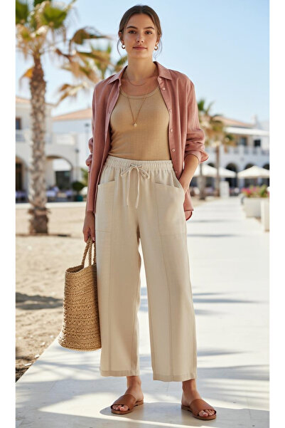 STYLENEST Kadın Bol Paça Keten Pantolon Yüksek Bel Lastikli Yazlık Rahat Pant...