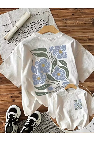 AEMİ Μπλουζάκι Unisex με στάμπα με φύλλα και λουλούδια, Oversize Crew Neck