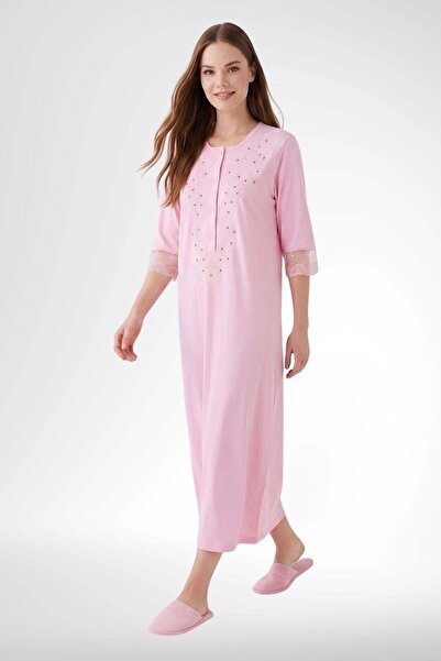 Mecit Pijama Mecit 6365 Pembe Kadın %100 Pamuk Uzun Gecelik