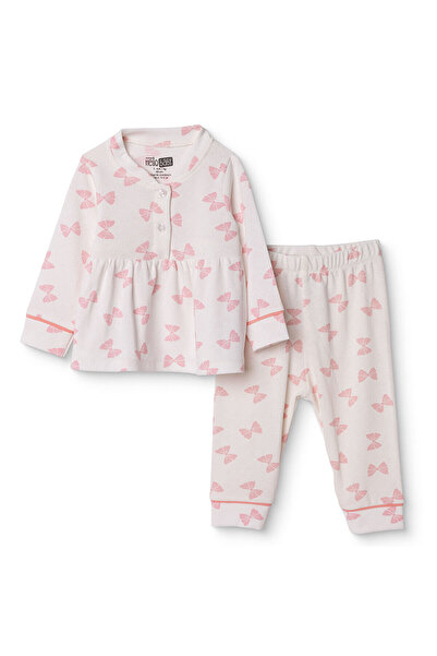 ebebek Hello Baby HelloBaby Kız Bebek Pijama Takımı Fiyonk Baskılı Düğmeli Gö...