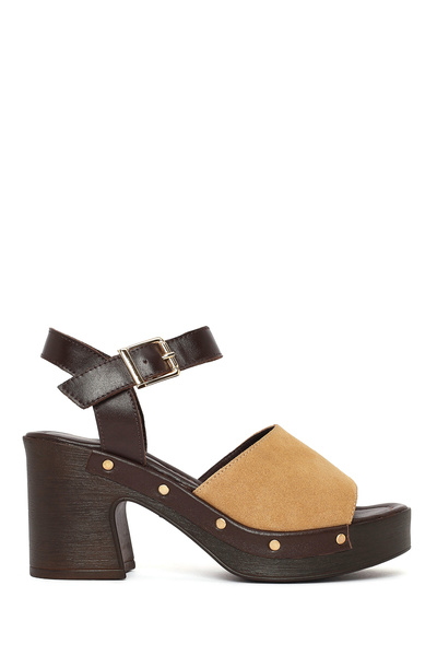 Derimod Γυναικεία δερμάτινα σουέτ πέδιλα με χοντρό τακούνι και αγκράφα σε μπε...