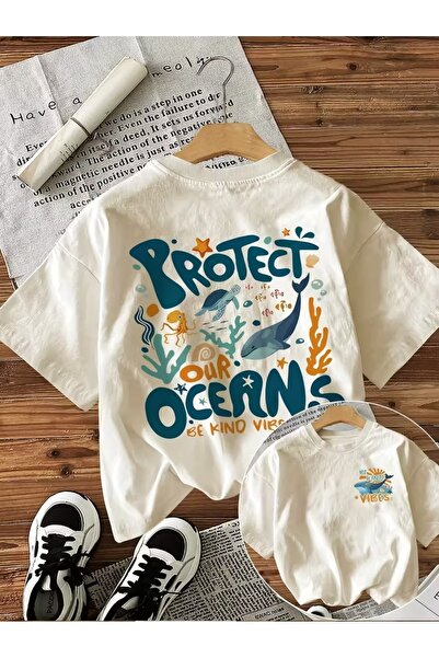 AEMİ Tricou unisex cu imprimeu Protect Oceans, supradimensionat, cu gât rotund