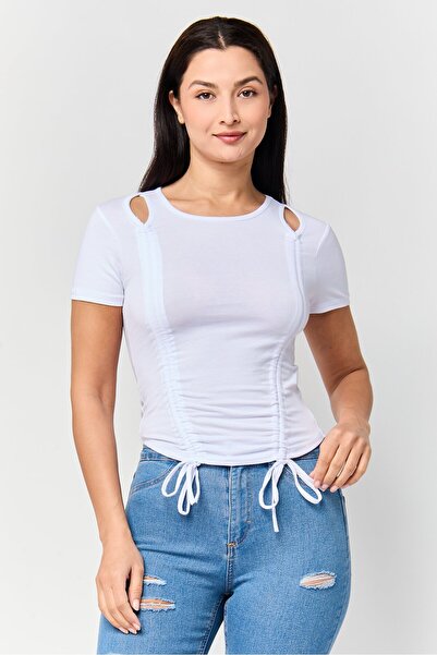 Don't Call Me Jennyfer Women Crew Neck Short Sleeve Solid Top, White