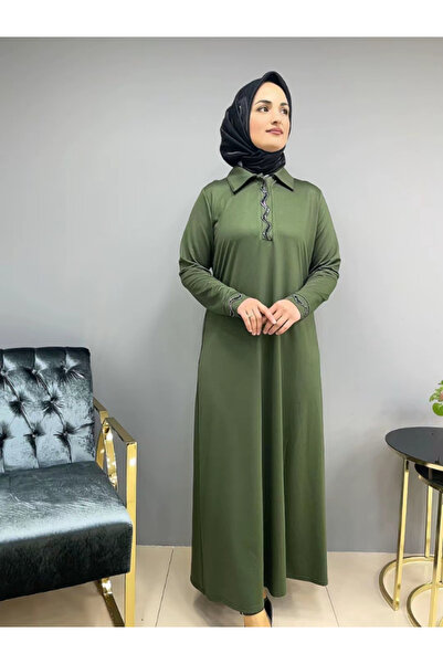 Yakası ve Kolu Taşlı Gizli Fermuarlı Elbise