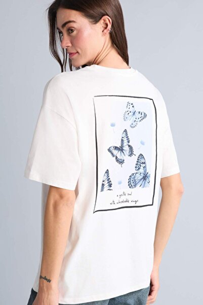 DeFacto Υπερμεγέθη μπλουζάκι με κοντό μανίκι με σχέδιο πεταλούδας και λαιμόκο...