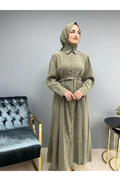 Düğmeli Kemerli Büyük Beden Cupra Elbise