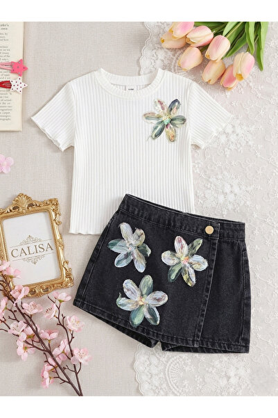 CALİSA Κοριτσίστικο μπλουζάκι με απλικέ λουλούδια και τζιν σορτς φούστα, καλο...