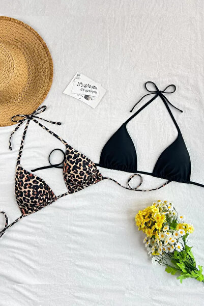 Avastyle Kadın Leopar Desenli Ve Siyah Minimal Kesim Üçgen Bikini Üstü Ava