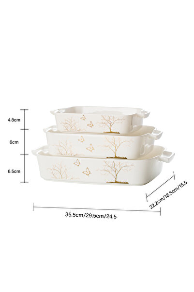 Malooki Set 3 tăvi cuptor Lifetree – porțelan alb cu copacul vieții auriu, rezistente la cuptor