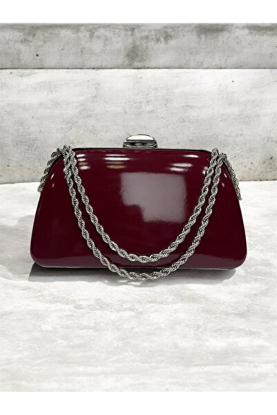 Busrabags Burgundy Patent Leather Chain Strap Shoulder Evening Dress Bag