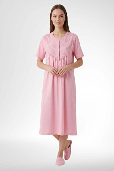 Mecit Pijama Mecit 6364 Pembe Kadın %100 Pamuk Uzun Gecelik