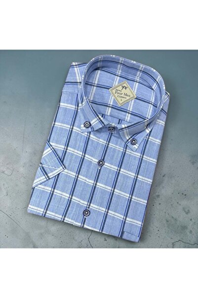 EREN STYLE Λινό κλασικό πουκάμισο από 100% βαμβάκι με κοντά μανίκια και αντιι...