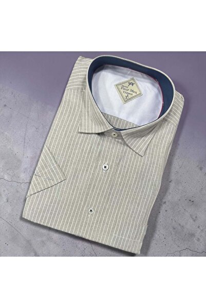 EREN STYLE Λινό κλασικό πουκάμισο από 100% βαμβάκι με κοντά μανίκια και αντιι...