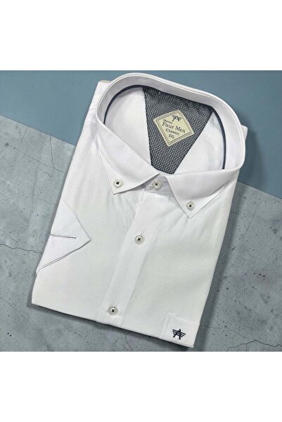 EREN STYLE Λινό κλασικό πουκάμισο από 100% βαμβάκι με κοντά μανίκια και αντιι...