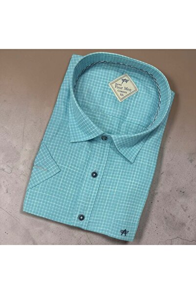 EREN STYLE Λινό κλασικό πουκάμισο από 100% βαμβάκι με κοντά μανίκια και αντιι...