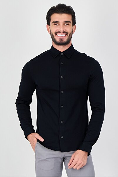 CELIO قميص رجالي كاجوال سادة بأكمام طويلة وقصّة عادية، أسود