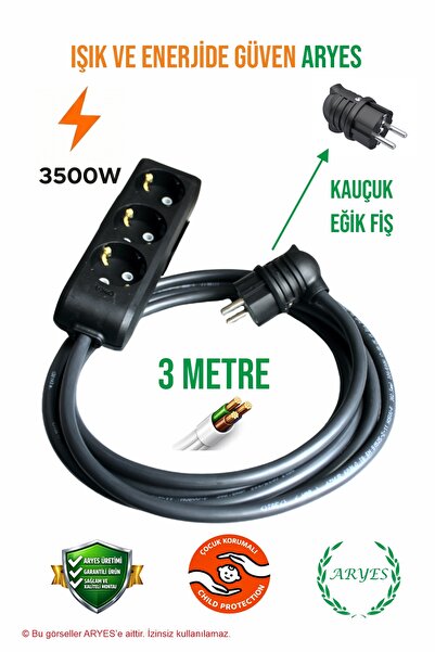 Aryes 3 Metre 3'lü Grup Priz 3x2.5 TTR Tam Bakır Kablolu Eğik Kauçuk Fişli Uz...