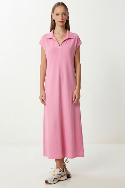 Lovelyİstanbul Πλεκτό φόρεμα με γιακά πόλο και τσέπες LDZ0038 ΡΟΖ