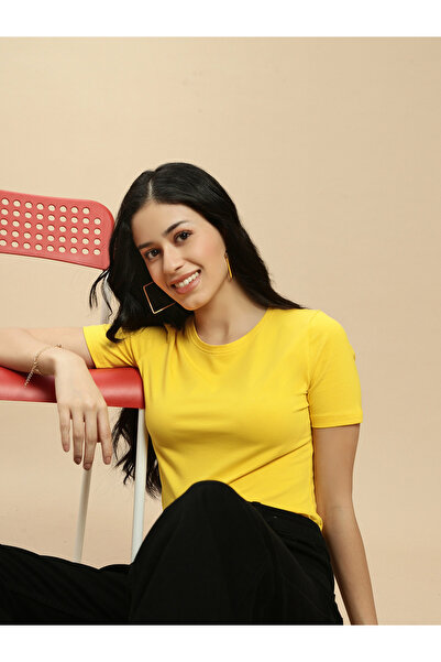 ECOLORE By Styli Mustard Solid Short Sleeves Top