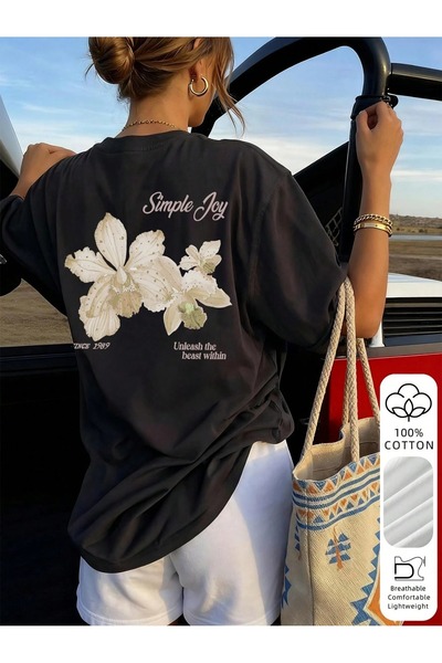 ZAVIXO Tricou de damă cu imprimeu orhidee, model basic – Țesătură 100% bumbac...