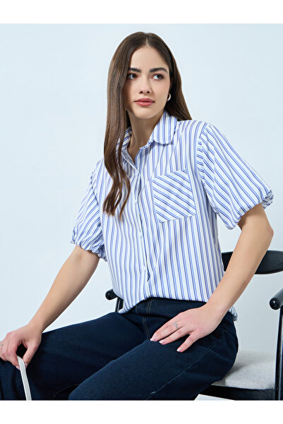Styli Blue Striped Puff Sleeve Shirt