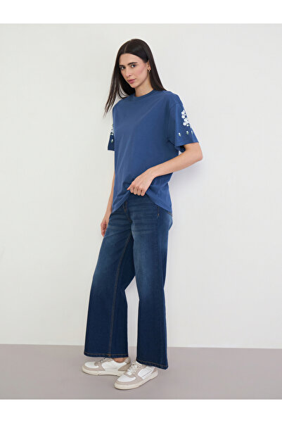 Styli Navy Blue Embroidered 100% Cotton Oversized T-Shirt