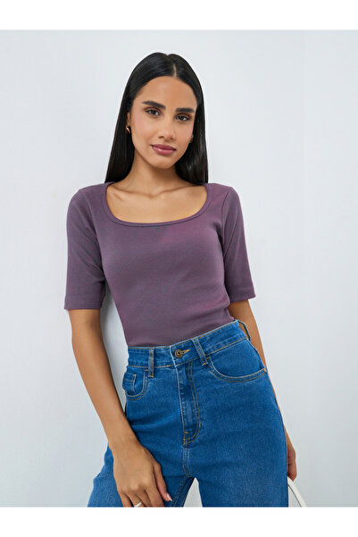 Styli Purple Square Neck 100% Cotton Slim Fit T-Shirt