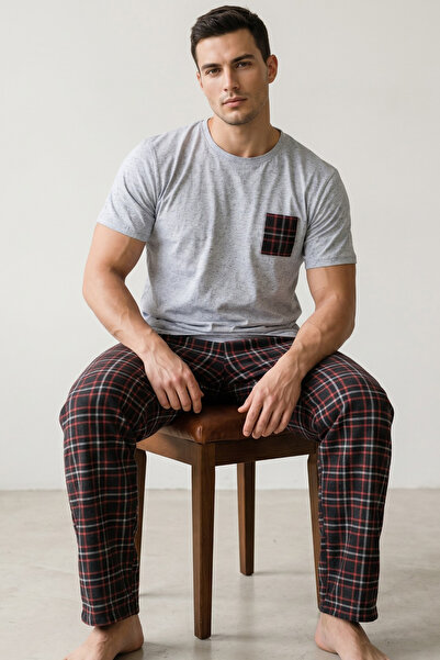 Siyah İnci ΓΚΡΙ ΜΑΥΡΟ ΜΠΟΡΝΤΟ Καρό Πλεκτό Σετ Πιτζάμες με Κέντημα Τσέπης και ...