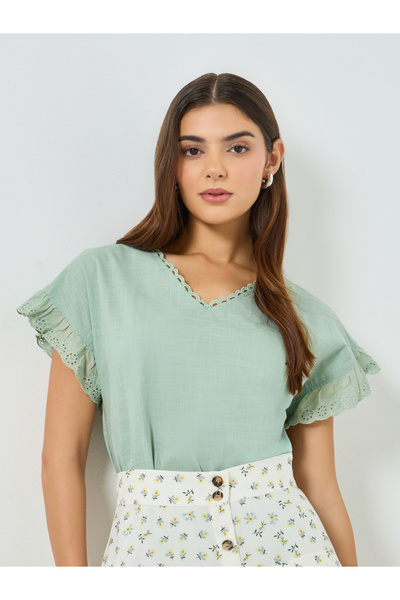 Take Two By Styli Green Solid Cotton Frill Sleeve Top
