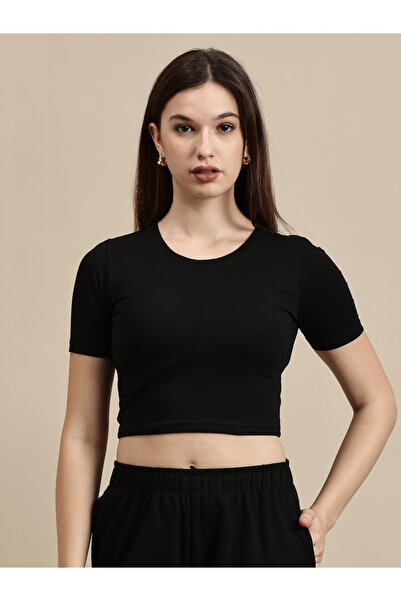 ECOLORE By Styli Black Solid Short Sleeves Crop Top