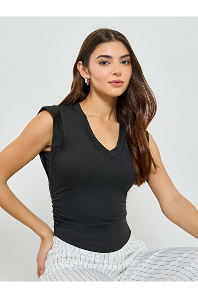Take Two By Styli Black Solid V Neck Cap Sleeve Top