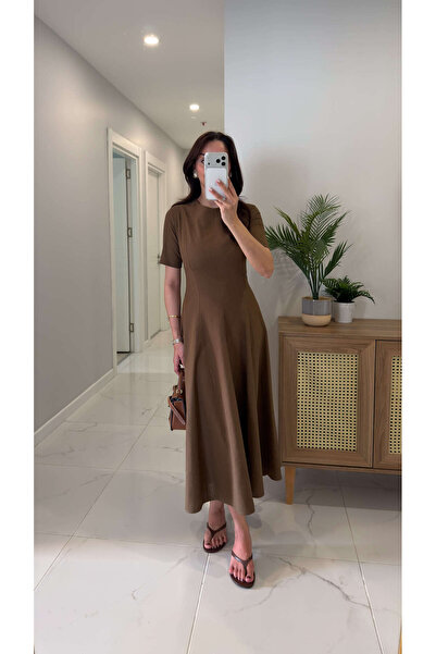 BİRCANÇİL Sonsa Χακί Κοντομάνικο Λινό Φόρεμα