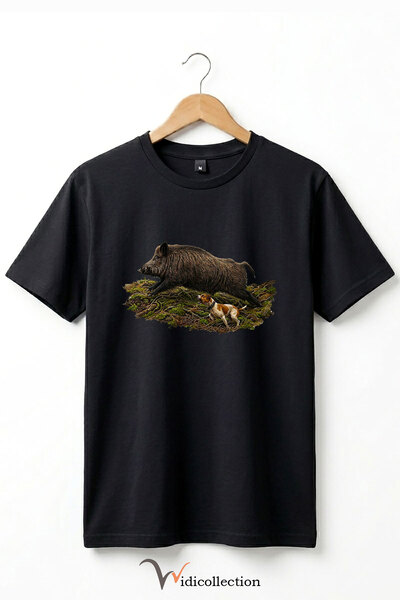 WİDİ Μπλουζάκι Unisex με στάμπα αγριογούνας και σκύλου, 100% βαμβακερό, με λα...