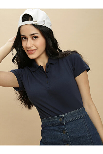 ECOLORE By Styli Navy Blue Solid Short Sleeves Polo Top