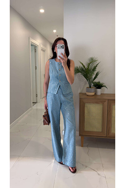 BİRCANÇİL Παντελόνι Palla με μπλε παγιέτες και λεπτομέρεια χειροποίητης κεντη...