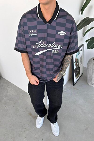 HAFKAGİYİM Μαύρο μπλουζάκι με στάμπα Adventure και καρό λαιμόκοψη πόλο