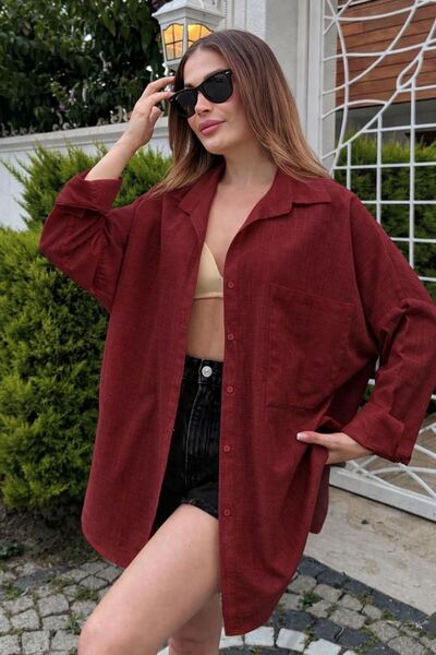 Rouge basıc Oversize Keten Dokulu %100 Pamuk Salaş Gömlek