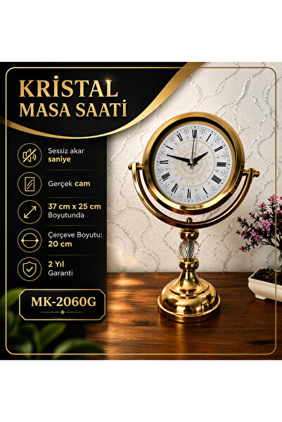 KOLAYEV Lüks Gold Metal Masa Saati Kristal Taşlı Dekoratif Çift Taraflı Vinta...