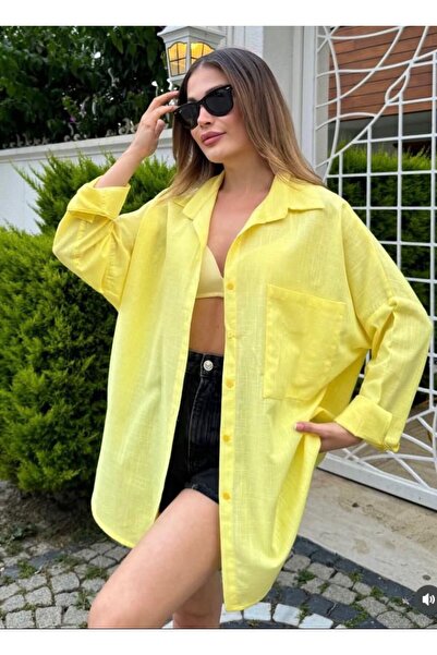 Rouge basıc Oversize Keten Dokulu %100 Pamuk Salaş Gömlek