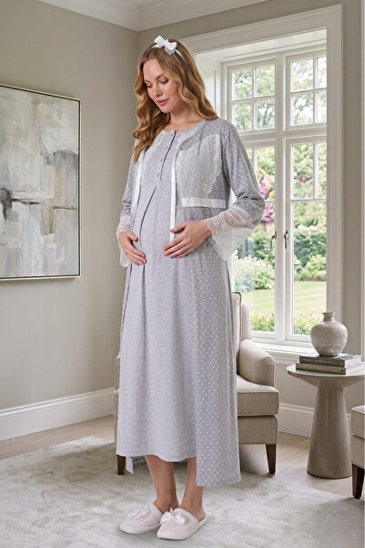 Lohusa Homewear New Season Gray Maternity Polka Dot Summer Full Length Design...
