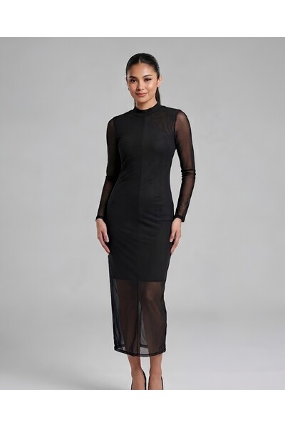 BLOUSE Siyah Dik Yaka Transparan Detaylı Midi Elbise