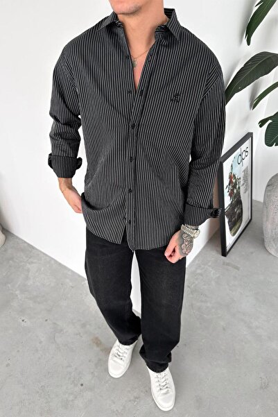 HAFKAGİYİM Black Embroidery Detailed Striped Relaxed Shirt