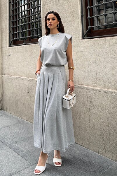 BEJNA Γυναικείο σετ μπλούζας και φούστας σε γκρι χρώμα Modal Touch με πιέτες