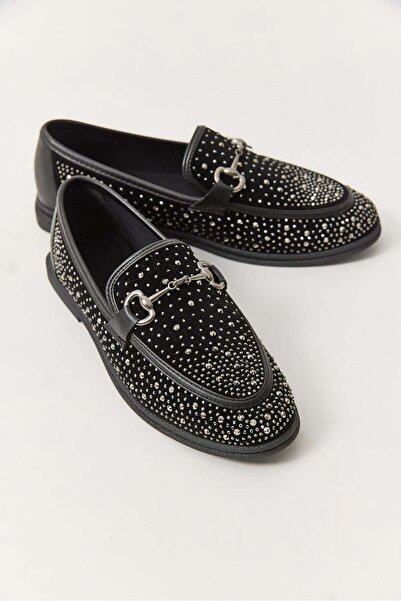 Raneel Kazançlı Alışveriş Women's Suede Black Loafer with Belt Detail in Whit...