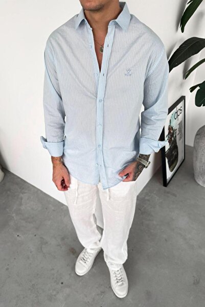 HAFKAGİYİM Light Blue Embroidery Detailed Striped Relaxed Shirt