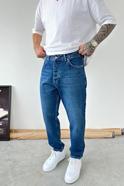 HAFKAGİYİM Pantaloni boyfriend cu detaliu cusătură inversată albastră