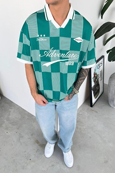 HAFKAGİYİM Πράσινο μπλουζάκι με στάμπα Adventure και καρό λαιμόκοψη πόλο