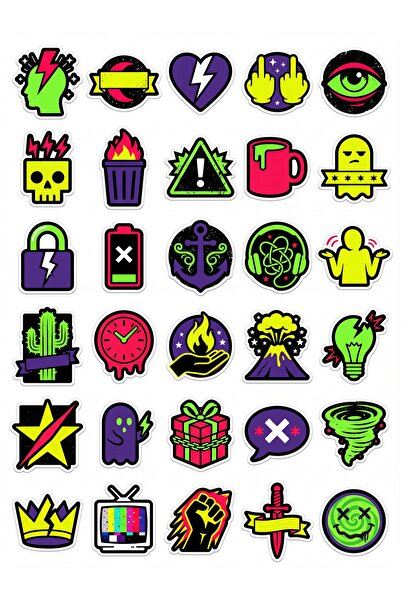 Store 30 Pieces Neon Grunge Humorous Icon Sticker Set - for Laptop, Notebook,...
