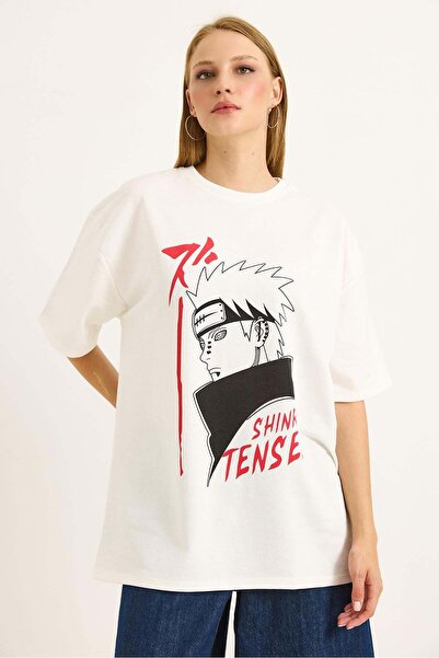Raneel Kazançlı Alışveriş Printed Oversize Crew Neck Tshirt White