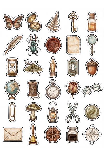 Store 30 Pieces Vintage Antique Object Sticker Set - for Scrapbook, Agenda, N...
